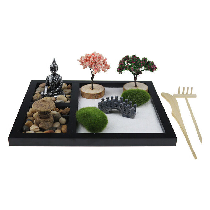 Ahlsen Jardin Zen Miniature, Ornements de bac à Sable d'artisanat en résine, Outil en Bambou de râteau de Jardin Zen, Miniatures de Jardin extérieur,