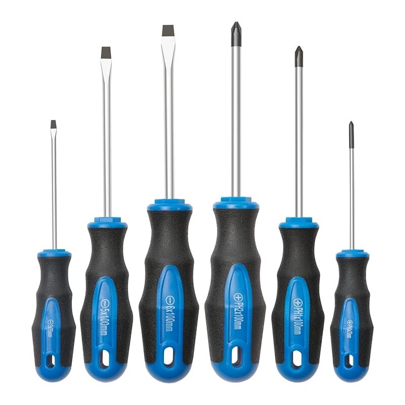 Jeu de 6 tournevis plats et cruciformes avec pointe magnétique, poignée de coussin professionnelle - Ahlsen