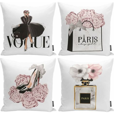 Ahlsen Juego de 4 fundas de almohada de moda para mujeres y niñas, decoración de habitación, flores rosas, arte moderno, bolsos de perfume, tacones altos, 18x18 pulgadas