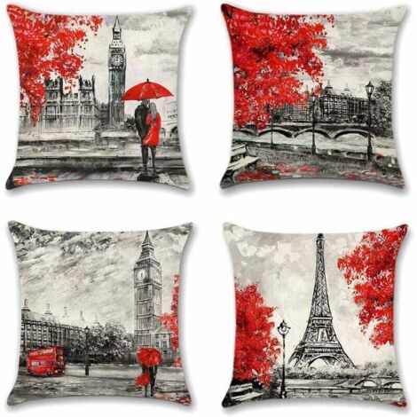 Ahlsen Juego de 4 fundas de cojín de lino y poliéster, funda de cojín decorativa para sofá, coche, decoración del hogar, 45x45cm (par rojo)