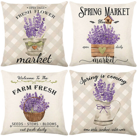 Ahlsen Juego de 4 fundas de cojín decorativas con flores de lavanda moradas, 18.0 x 18.0 in, fundas de cojín decorativas de lino y poliéster para sofá al aire libre, sofá, jardín, dormitorio
