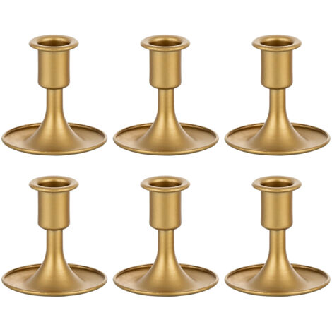 Ahlsen Juego de 6 pequeños candelabros de metal para velas de pilar, candelabros, candelabros decorativos dorados, candelabros clásicos, candelabros cónicos para bodas, ocasiones especiales, fiestas