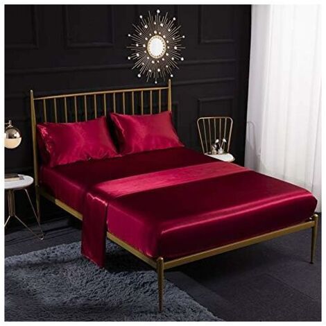 Ahlsen Juego de cama de satén de seda de 4 piezas con sábana bajera, sábana encimera y funda de almohada, transpirable, suave y cómodo, rojo (King)
