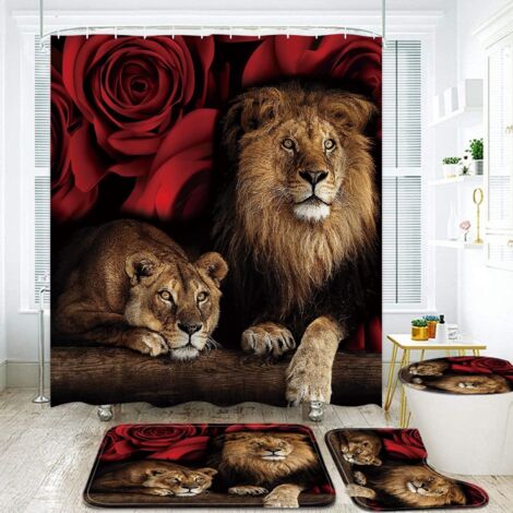 Ahlsen Juego de cortinas de ducha de rosas rojas y leones con alfombrilla antideslizante, tapa de inodoro y alfombrilla de ducha, cortinas de ducha de animales con 12 ganchos, juego de decoración de b