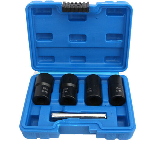 Ahlsen Juego de vasos giratorios de 5 piezas, extractor de pernos dañados de 1/2" para quitar tuercas de seguridad de ruedas de 17 mm, 19 mm, 21 mm y 22 mm