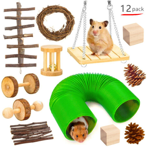 Ahlsen Juguetes de conejo enano (12 piezas), juguetes de hámster de madera natural, juguetes de roedores de interior para animales pequeños conejo/hámster/ardilla/chinchilla