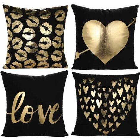 Ahlsen Kissenbezug in weichem Gold mit Heißprägung Herz Liebeskuss Kissenbezug für Bett Sofa Wohnzimmer Schlafzimmer 45 x 45 cm 4er-Set (Love in Black)