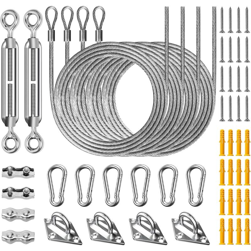 Kit de Fixation Voile d'Ombrage pour Patio 52 Pièces, Acier Inoxydable 304 Kit Accessoires de Fixation Attache Toile ombrage Installation, avec