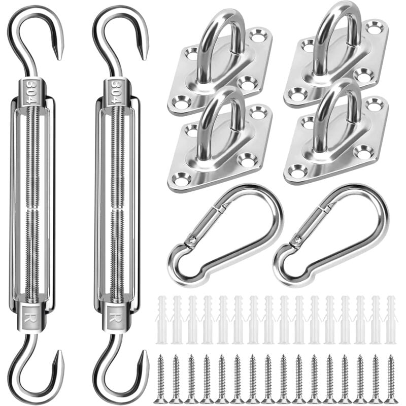 Kit de Matériel pour Voiles d'Ombrage,Kit de Fixation pour Voile d'Ombrage 304 Inoxydable,Fixations d'Ombrage de Voile pour Triangle et Carré,Soleil