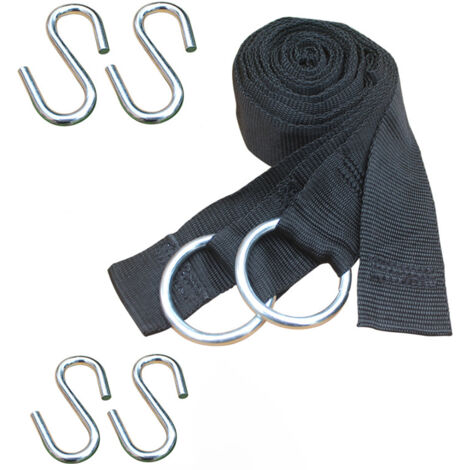 Ahlsen kit fixation hamac arbre incl 2 sangles en polyester résistants aux UV 2,5m long 5cm large et 4 crochets S en acier poids supporté 300kg