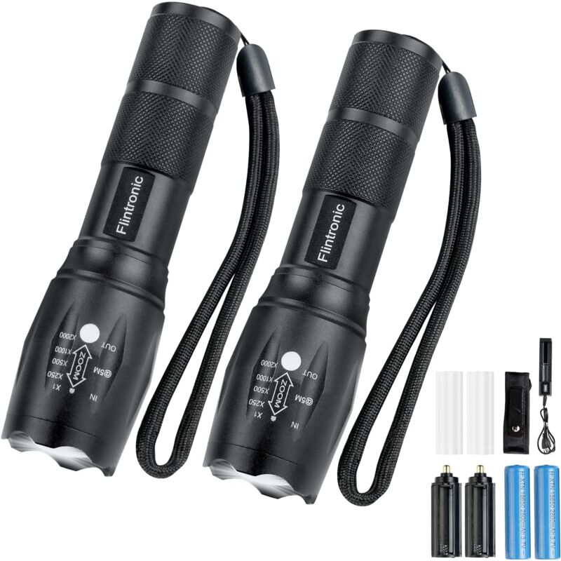 Lampe Torche led Ultra Puissante, 2PCS Lampe de Poche 3500Lumens avec 2 Piles 18650, Chargeur usb et Holster,5 Modes, Étanche,Anti-Choc Zoom Longue