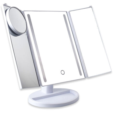 Ahlsen LED-Schminkspiegel, dreifach klappbarer beleuchteter Schminkspiegel mit Touchscreen, Kosmetikspiegel auf der Arbeitsplatte, um 180° verstellbare Drehung