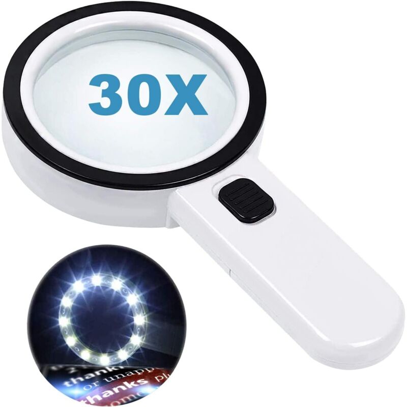 Image of Leselupe mit 12 LED-Leuchten, Doppelglaslinse mit 30-facher Vergrößerung. 107mm,weiß - Ahlsen
