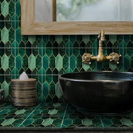 Ahlsen Lot de 10 stickers muraux imperméables pour carrelage de cuisine et salle de bain Motif émeraude holographique Vert 15 x 15 cm