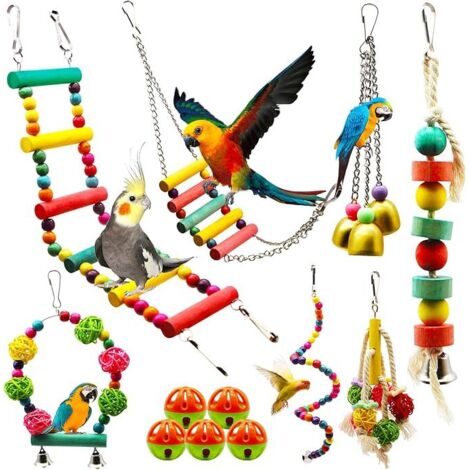 Ahlsen Lot de 12 Jouets pour Oiseaux à Marcher, Balançoire, Échelle, Bois Perchoirs, Sepak Takraw, Cloches, Décoration des Cages à Oiseaux de Petite et Moyenne Taille, Perruche et Perroquet