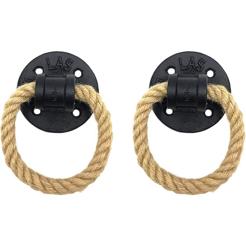 Lot de 2 poignées en fer vintage avec corde de chanvre - Fixation murale - Boucle de traction pour armoire, tiroir, porte, commode - Accessoires de