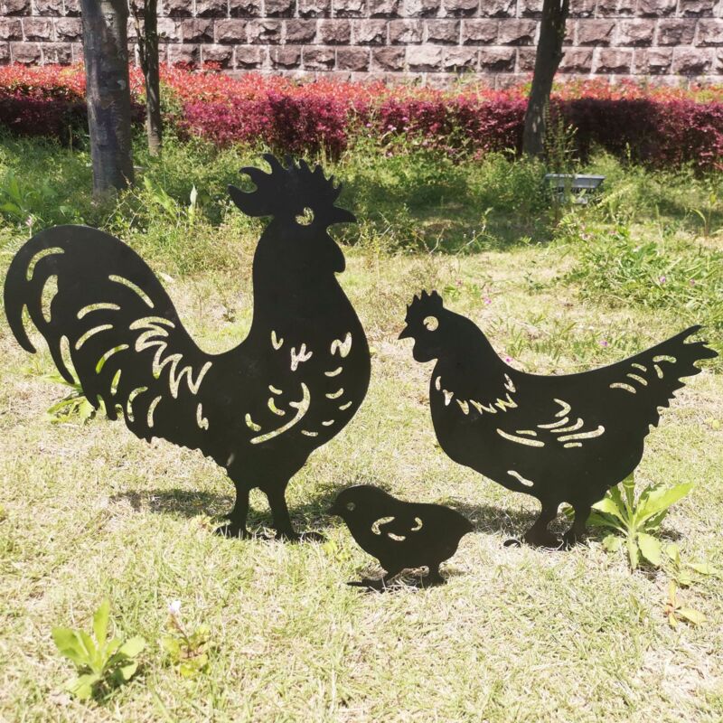 Ahlsen - Lot de 3pcs figurine animale en Métal fer coq poule et poussin Statue Silhouette Décorative Ornement pour Cour Ferme Jardin Décoration