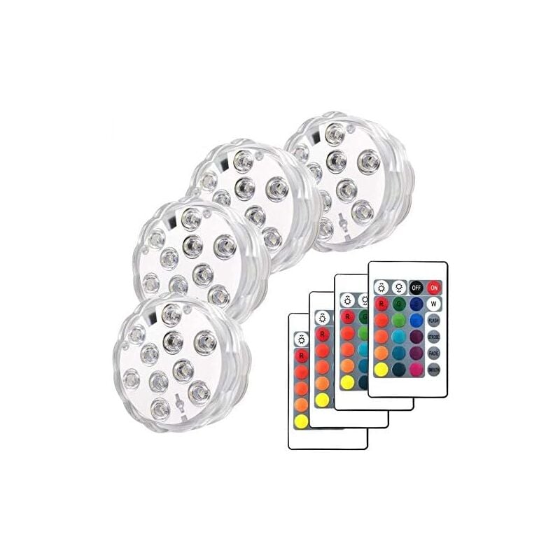 Lot de 4 lampes submersibles pour fontaine, spa, éclairage led sans fil à infrarouge pour base de vase, fleurs, aquarium, piscine, étang, mariage,