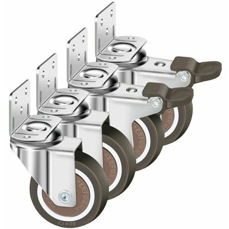 Ahlsen - Lot De 4 Roulettes Pivotantes 50Mm, 100Kg Roulettes Pour Meubles, Type l Roue Pour Meuble Avec Frein Rotation à 360°, Pour Intérieur Et