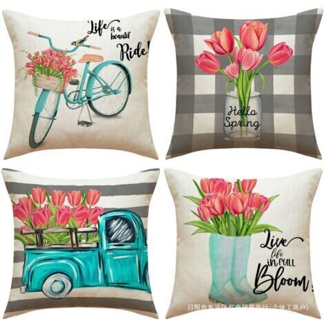 Ahlsen Lot de 4 Taie d'oreiller Extérieure Imperméable en Lin Moderne Housse de Coussin Ferme Printemps Plante Fleur Motif Carrées 45x45cm Housse Coussin pour Canapé Maison Salon Chambre Décoration