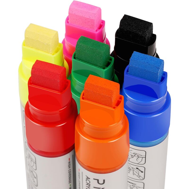 Lot de 7 marqueurs acryliques à pointe large biseautée de 15 mm - Stylo acrylique imperméable pour pierres, bois, fenêtre - Couleurs acryliques