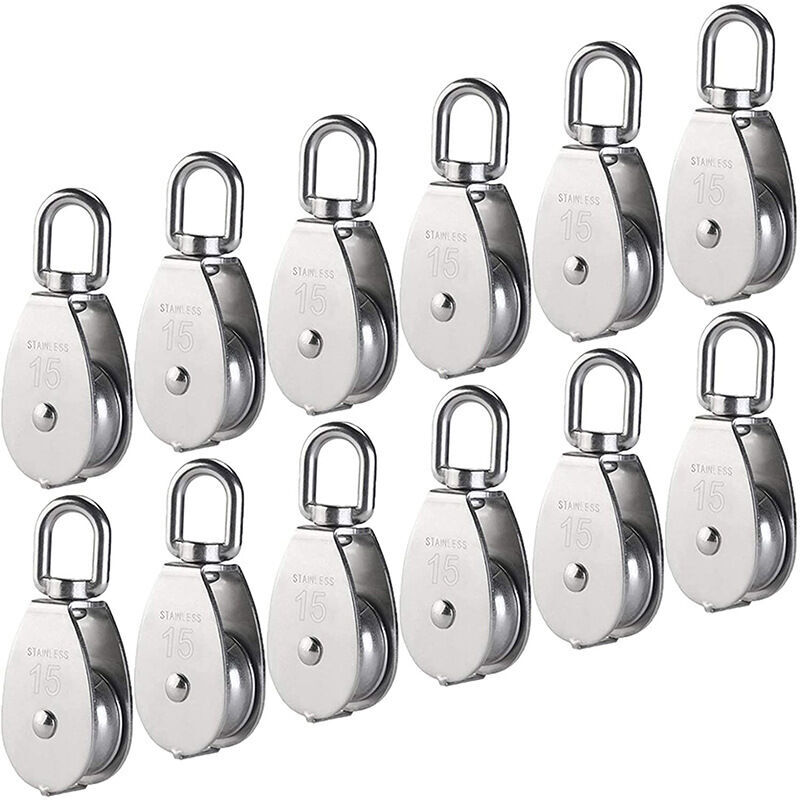 M15 Poulie Simple en Acier Inoxydable 304, 15MM Seul Poulies Bloc Rouleau, Grue Pivot Crochet Lisse Fil Corde Câble Chargement 77lbs/35Kg (12