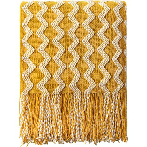 Ahlsen Manta de punto acrílica, manta de punto decorativa ligera y suave, con borlas, adecuada para viajes, sofá, cama, sofá, 51 x 67 pulgadas, onda amarilla mostaza