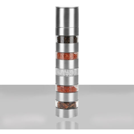 Ahlsen Mini tarros de especias 5 en 1 con molinillo de especias, molinillo de pimienta, molinillo manual de sal, molinillo de especias con 5 botellas, recipiente transparente para picnic, barbacoa, vi