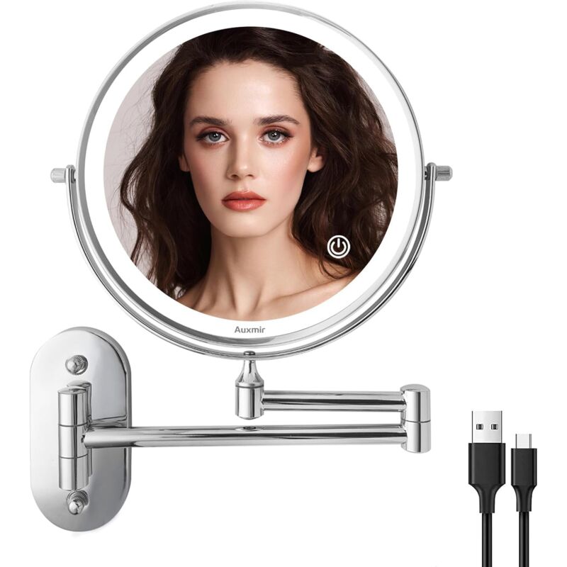 Miroir Grossissant Lumineux Mural x10, led Miroir Maquillage Mural avec 3 Modes de Couleur, 1X/10X Grossissement Charge usb, Écran Tactile, 360°