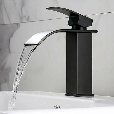 Ahlsen Mitigeur Lavabo Noir Cascade Robinet Lavabo Noir Cascade avec Bec Hauteur Robinet Salle Bain Noir Cascade Mitigeur Salle de Bain Noir en Inox,1.3kg