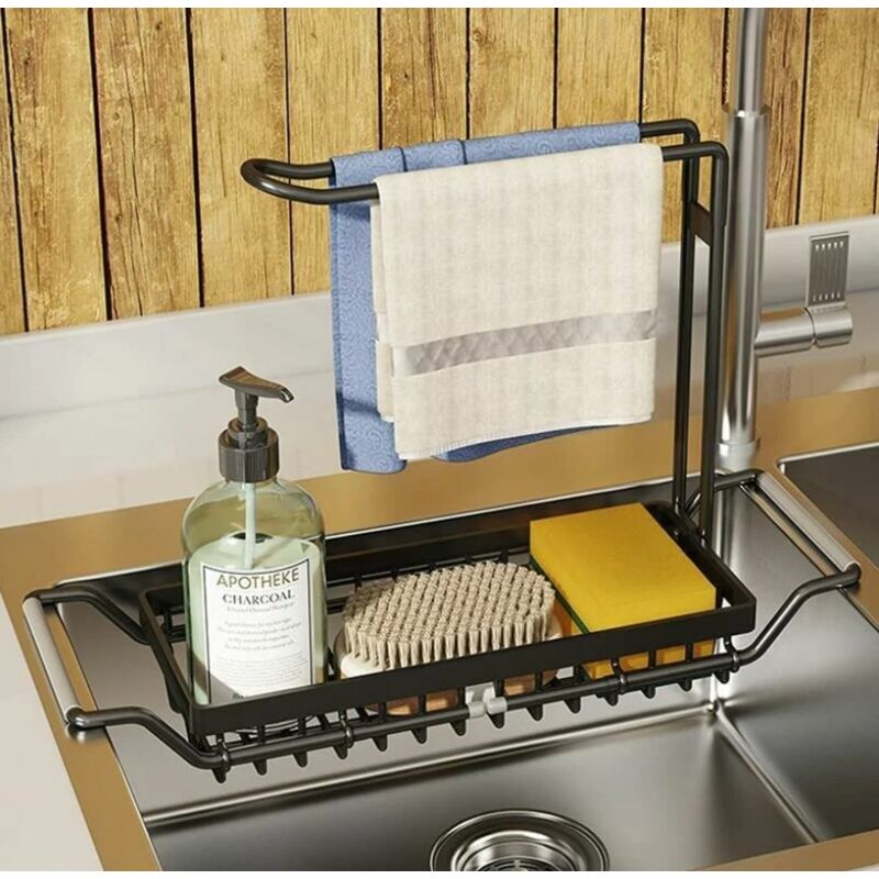 Ahlsen Organiseur d'évier de cuisine extensible pour évier de cuisine avec rail de suspension pour torchon en acier inoxydable (grand, noir)