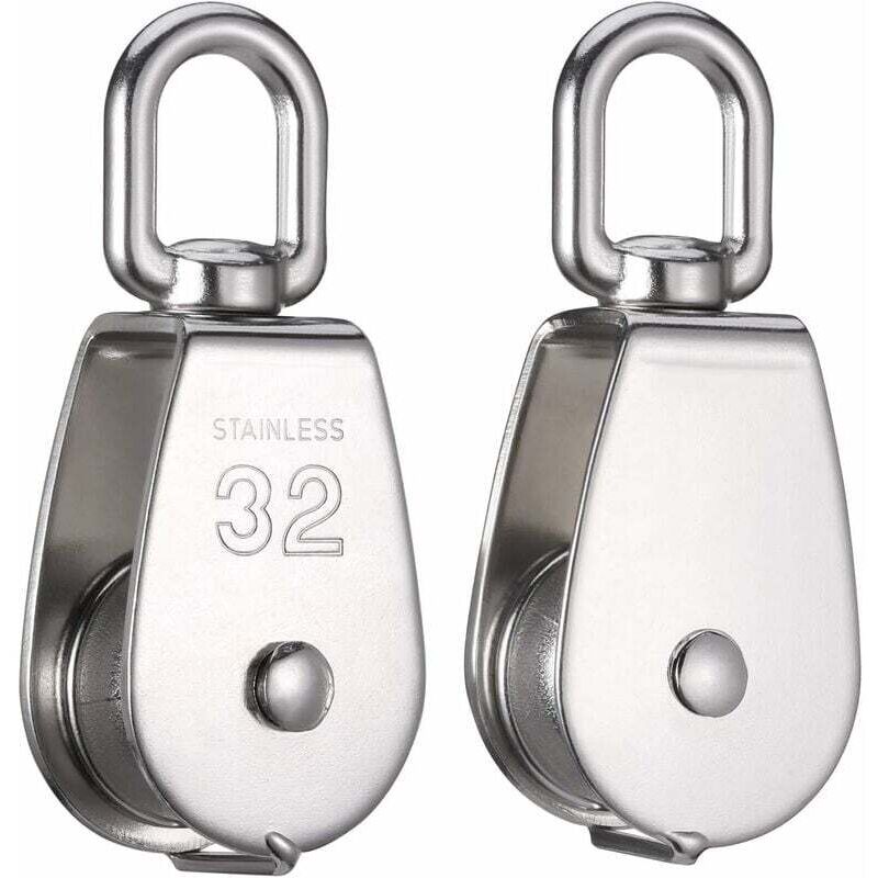 Paquet de 2 poulies en acier inoxydable M32 304 de 32 mm - Poulie simple pour l'intérieur et l'extérieur - Ahlsen