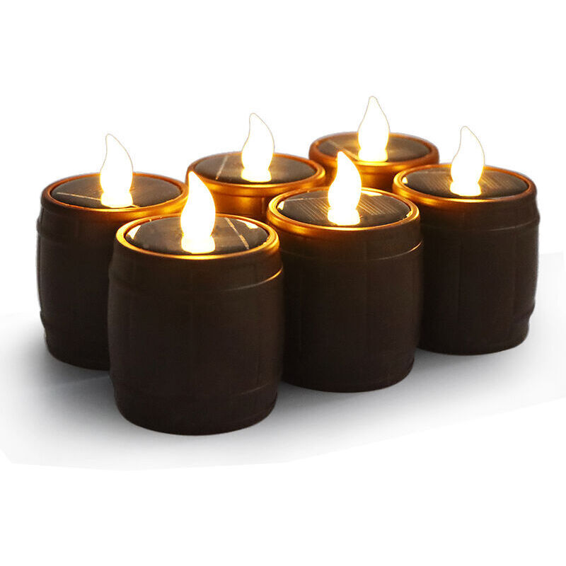 Paquet de 6 Bougies à Capteur Solaire en Forme de Baril de Vin LumièRe de Thé Blanc Chaud Scintillement led Lampe de Nuit éVéNement FêTe de Mariage