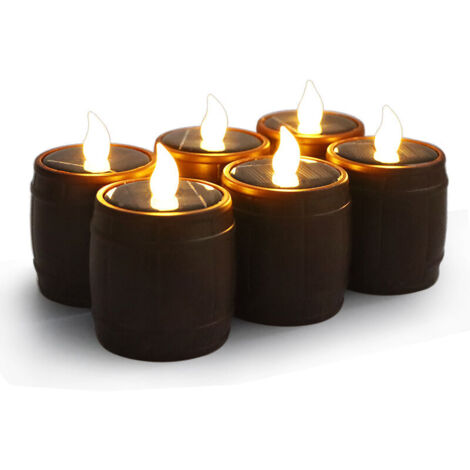 Ahlsen Paquete de 6 velas con sensor solar en forma de barril de vino, luz de té, luz LED parpadeante blanca cálida, lámpara de noche, decoración para eventos, bodas, fiestas, color marrón