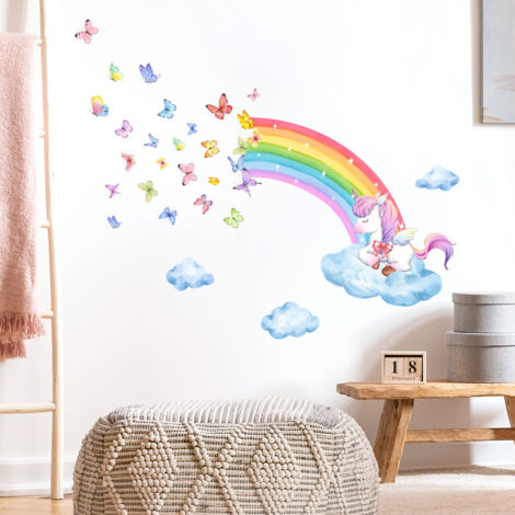 Ahlsen Pegatinas de pared de arcoíris, pegatinas de pared de unicornio, mariposas, pegatinas de pared para niñas, decoración de pared de habitación de bebé y niños, 60x30cm