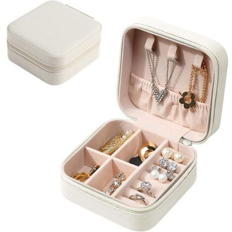 Ahlsen Petite Boîte à Bijoux pour Femme de Voyage en Cuir PU,Organisateur de Boîte à Bijoux Portable,Coffret à Bijoux pour Ranger Bagues/Bracelets,Blance