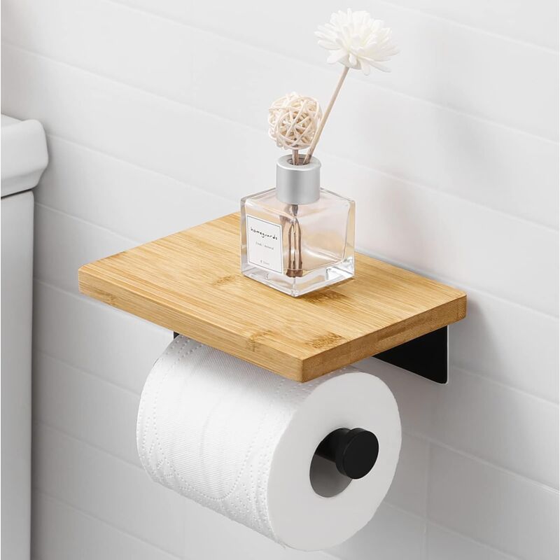Ahlsen - Porte Papier Toilette Noir Adhésif avec Etagère Bambou Porte Rouleau Porte Papier Toilette Mural sans perçage