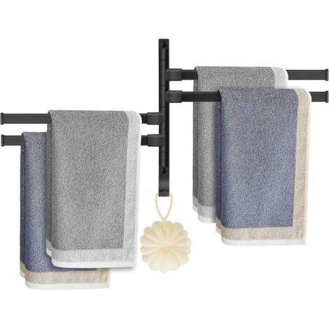 Ahlsen Porte-Serviettes Salle de Bain, Murale Sèche-Serviettes avec 4 Barres 180°Rotatives, Aluminium Serviette Barre Pivotant avec Crochet pour Cuisine Lavabo Toilettes Hôtel, Noir