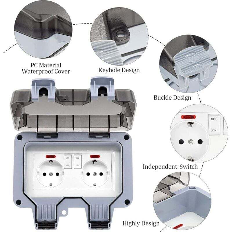 Prise Exterieure Etanche IP66 Double Prise de Courant et Volet de Protection Multiprise Electrique Murale de Jardin, Prise Anti-Poussière et