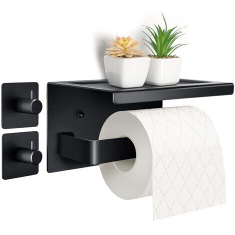 Ahlsen Purpledi Porte Rouleau Papier Toilettes en Aluminium (Perforé/Non perforé) Porte-Rouleau avec étagères Spacieuses Porte Rouleau Papier Toilette Noir Auto-adhésif avec Tablette