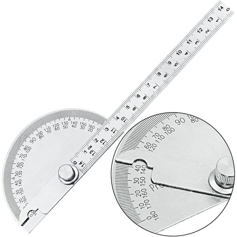 Rapporteur d'angle en acier inoxydable 0-180 ° Goniomètre d'angle avec règle de mesure de 140 mm, détecteur d'angle en métal avec vis de blocage,