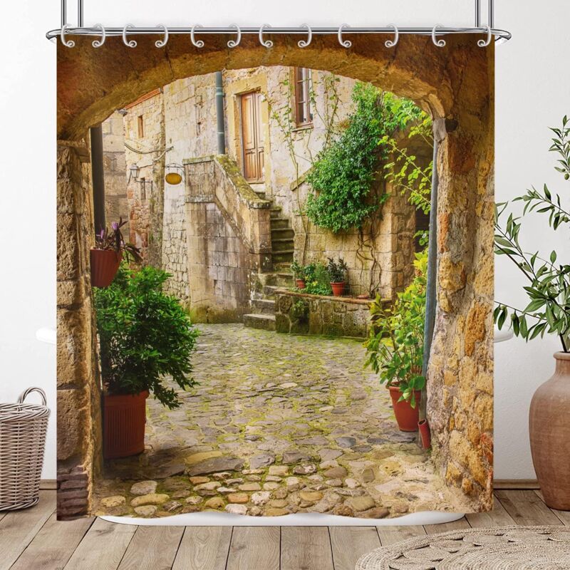 Rideau de Douche 3D 180x200, Jardin Plantes Paysage Avenue Image Rideaux de Douche Italie extérieur Rideau Baignoire imperméable Tissu Polyester