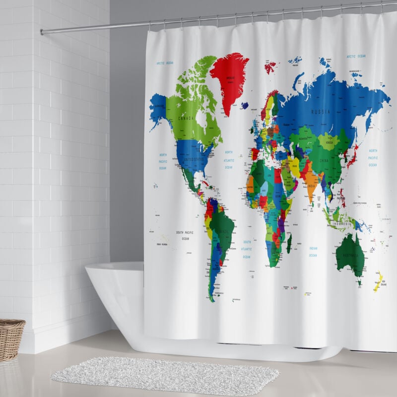 Rideau de Douche Carte du Monde 180x200, Géographie Pays Capitales Coloré Rideau de Douche Enfants Visuel Rideau de Bain Imperméable Tissu Polyester