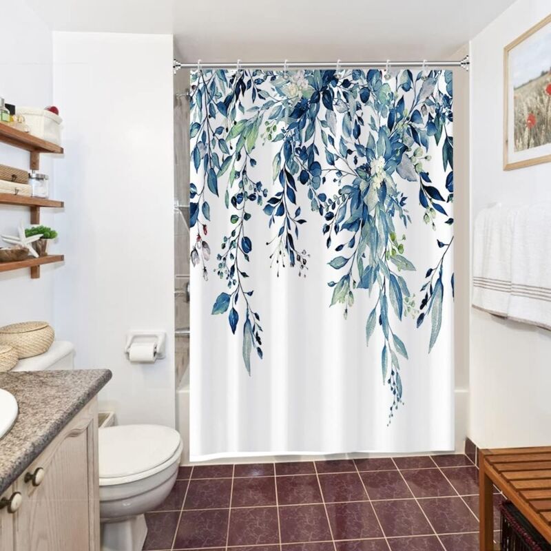 Rideau Douche Eucalyptus, Rideau de Douche Feuilles Bleu Fleuri Blanc Petit Rideau de Baignoire Anti Moisissure Imperméable Tissu Polyester Lavable