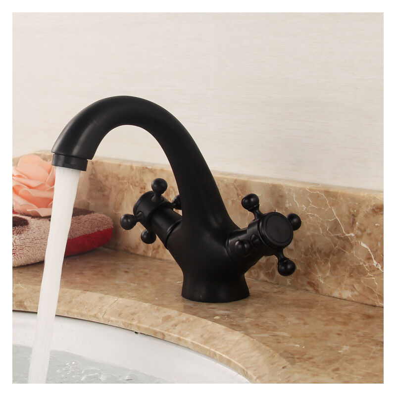 Ahlsen - Robinet de salle de bain noir rétro, en laiton antique, robinet de lavabo à deux poignées, robinet de salle de bain, mitigeur maison de