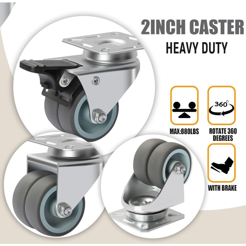 Ahlsen - Roulette pivotante robuste avec 4 freins - Lot de 4 roulettes pour meubles - Roues de chariot en caoutchouc - Argent