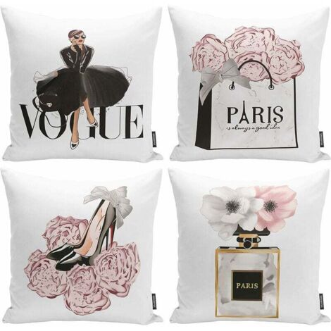 Ahlsen Set mit 4 modischen Kissenbezügen für Frauen und Mädchen, Raumdekoration, rosa Blumen, moderne Kunst, Parfümhandtaschen, High Heels, 45,7 x 45,7 cm