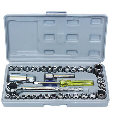 Ahlsen Steckschlüsselsatz, 1/4" 3/8" Stecknüsse und Sätze, mit Schnellumschaltratsche, Schraubendreherbit, Verlängerungsstange, 40-teilig, Silber,