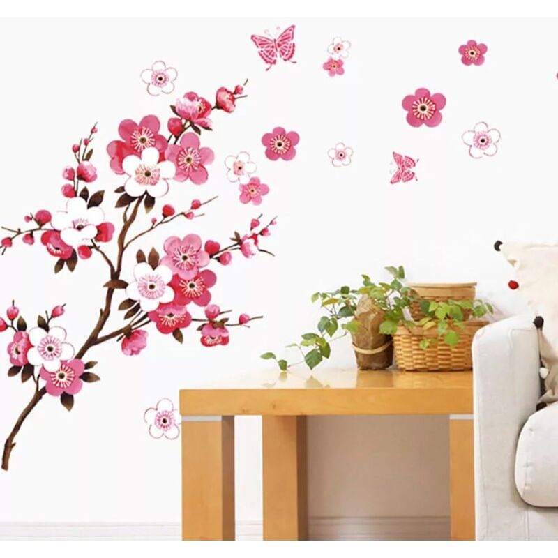 Ahlsen - Sticker Mural Papillon i 90x60 cm i Rose Rouge Sakura Vigne Fleur Branche Arbre i Sticker Sticker Mural Salon Chambre Cuisine Carrelage
