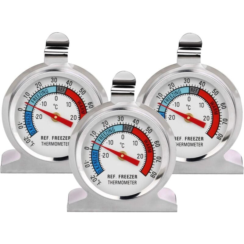 Image of Stück Kühlschrank-Thermometer, großes Zifferblatt, Edelstahl-Temperaturanzeige für Gefrierschrank, mit Aufhängehaken und Ständer (3 Stück) - Ahlsen